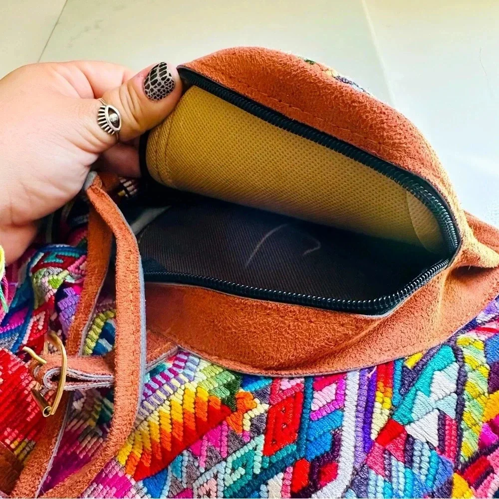 NWOT Guatemalan Embroidered Huipil Leather Backpack